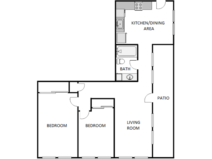 Floor plan for 2 beds, 1 bath, 825 sqft